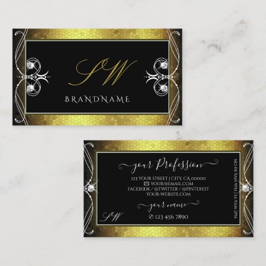 ブラック金ゴールドモザイク華美スパークルダイヤモンドモノグラム 名刺 (正面/裏面)