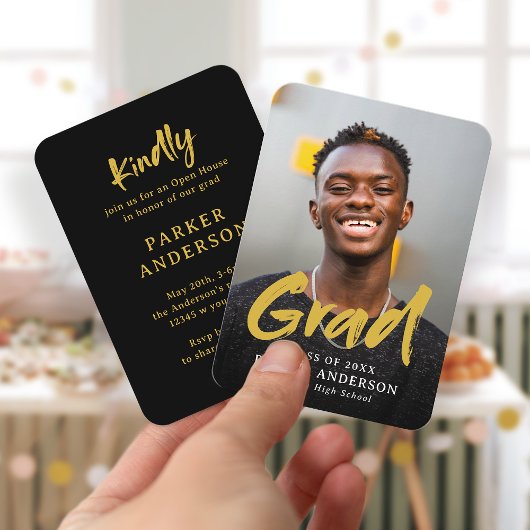 ブラック金ゴールドモダンスクリプトフォト卒業招待状 エンクロージャーカード