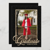 ブラック金ゴールドモダンスクリプト写真卒業パーティー 招待状 (正面/裏面)