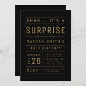 ブラック金ゴールドモダンタイポグラフィサプライズ誕生日 招待状 (正面/裏面)