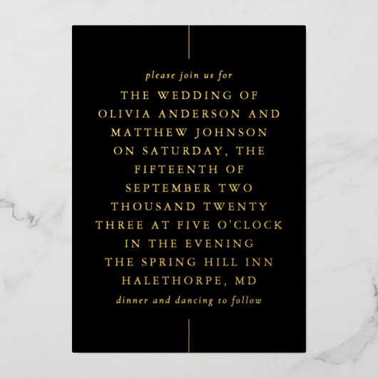 ブラック金ゴールドモダンミニマルタイポグラフィ結婚ズ 箔招待状 (正面)