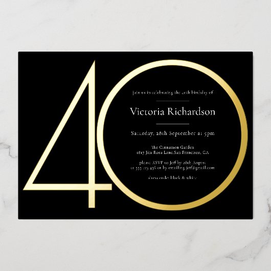 ブラック金ゴールドモダンミニマル40歳の誕生日パーティー 箔招待状 (正面)