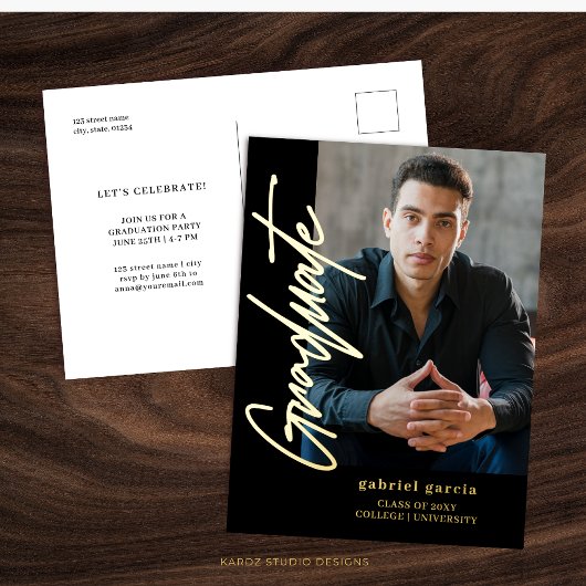 ブラック金ゴールドモダン卒業招待状はがき 箔シーズンポストカード