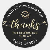 ブラック金ゴールドモダン卒業Thank Youスクリプトキャップ ラウンドシール (正面)