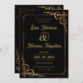 ブラック金ゴールドモダン結婚式招待状 招待状 (正面/裏面)