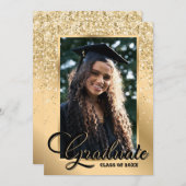 ブラック金ゴールドモダン2写真卒業パーティー 招待状 (正面/裏面)