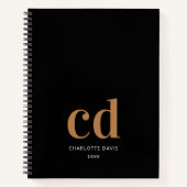 ブラック金ゴールドモノグラムイニシャルミニマルモダンリスト ノートブック (正面)