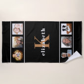 ブラック金ゴールドモノグラムイニシャル写真コラージュモダン ビーチタオル (正面)