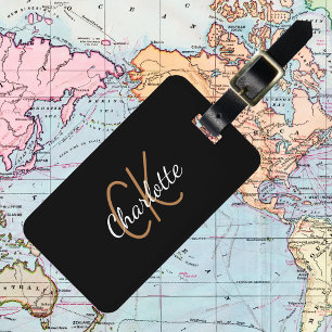 ブラック金ゴールドモノグラムイニシャル名スクリプトエレガント ラゲッジタグ