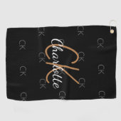 ブラック金ゴールドモノグラムイニシャル名ミニマリスト ゴルフタオル (横)