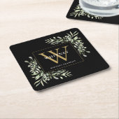 ブラック金ゴールドモノグラムエレガントグモダンリー スクエアペーパーコースター (アングル)