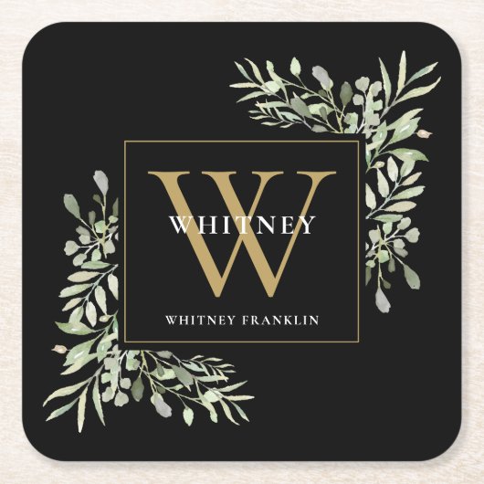 ブラック金ゴールドモノグラムエレガントグモダンリー スクエアペーパーコースター (正面)