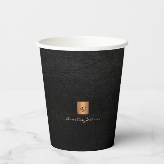 ブラック金ゴールドモノグラムパーソナライズされた名エレガント 紙コップ (裏面)