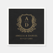 ブラック金ゴールドモノグラムフローラ結婚クレスト スタンダードカクテルナプキン (正面)