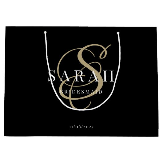 ブラック金ゴールドモノグラムブパーソナライズされたライデスメイド ラージペーパーバッグ (正面)