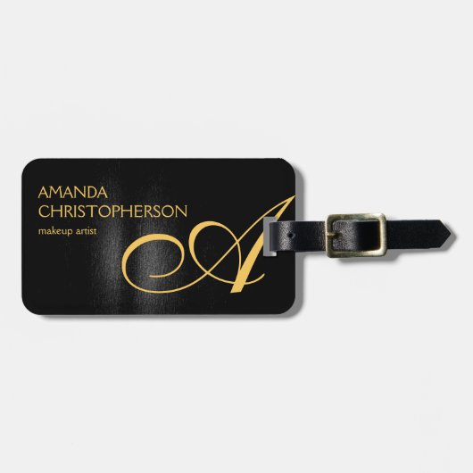 ブラック金ゴールドモノグラムメイクアップアーティストモダンプレインアート ラゲッジタグ (正面横)