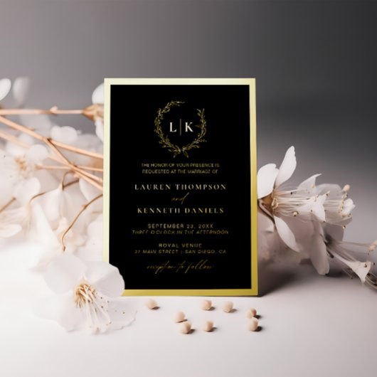 ブラック金ゴールドモノグラム結婚リース 箔招待状