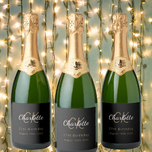 ブラック金ゴールドモノグラム誕生日パーティー スパークリングワインラベル