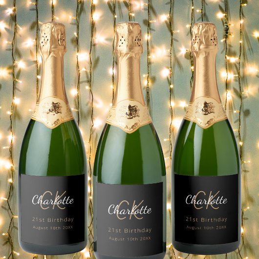 ブラック金ゴールドモノグラム誕生日パーティー スパークリングワインラベル