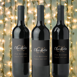 ブラック金ゴールドモノグラム誕生日パーティー ワインラベル