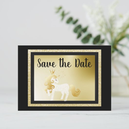ブラック金ゴールドユニコーン誕生日パーティー日付を保存 招待状 (スタンド正面)