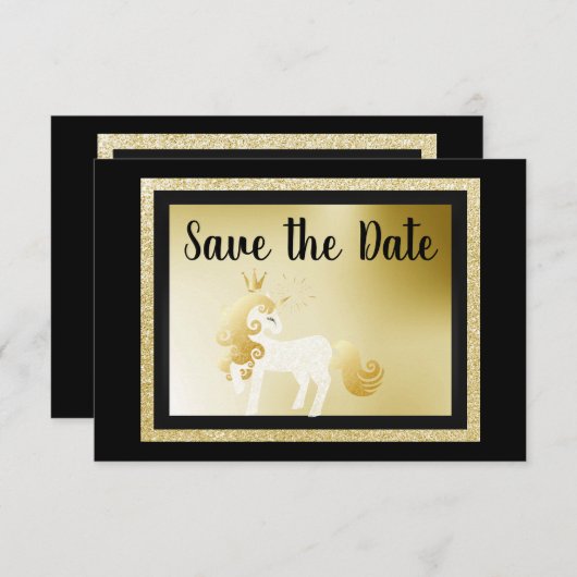 ブラック金ゴールドユニコーン誕生日パーティー日付を保存 招待状 (正面/裏面)