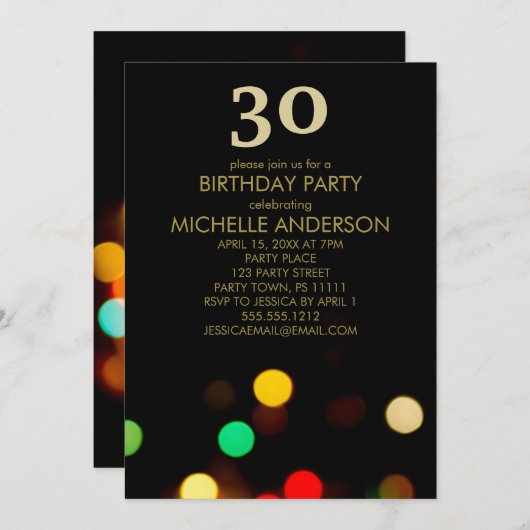 ブラック金ゴールドライツバースデーパーティー 招待状 (正面/裏面)
