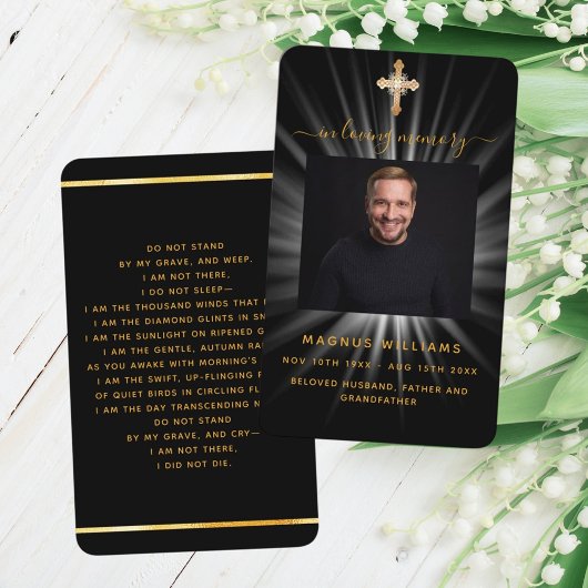 ブラック金ゴールドライトフォトクロス葬儀祈りの言葉カード 名刺