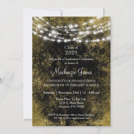 ブラック金ゴールドライト卒業パーティー招待状 招待状 (正面)