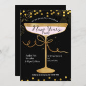 ブラック金ゴールドラグジュアリースパークルニューイヤーパーティー招待 招待状 (正面/裏面)