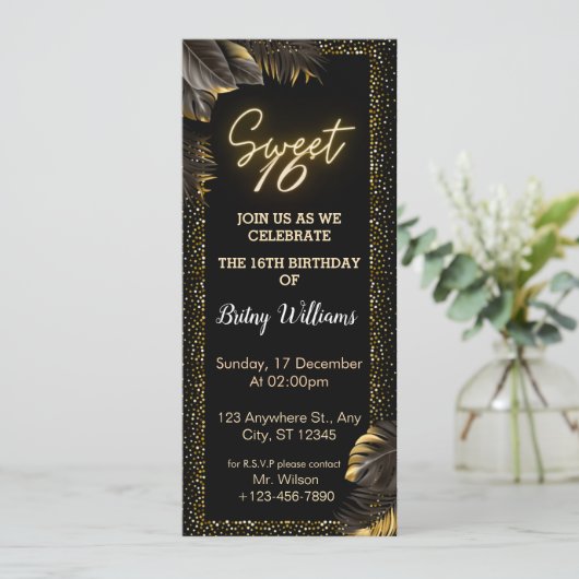 ブラック金ゴールドラグジュアリーハッピースウィート16thバースデーパーティー 招待状 (スタンド正面)