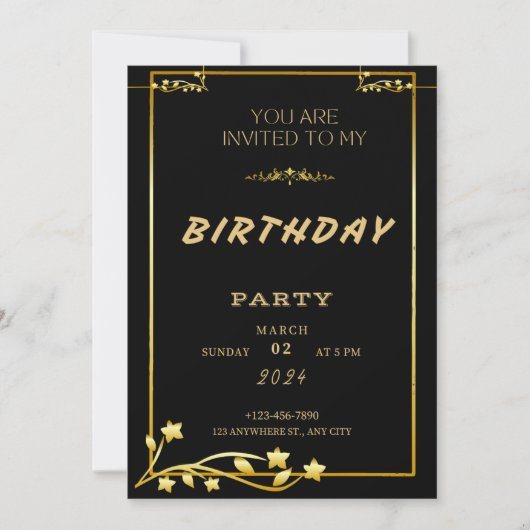 ブラック金ゴールドラグジュアリー誕生日招待状 招待状 (正面)