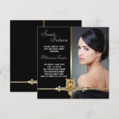 ブラック金ゴールドレオパード写真Sweet sixteen誕生日 招待状 (正面/裏面)