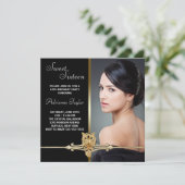 ブラック金ゴールドレオパード写真Sweet sixteen誕生日 招待状 (スタンド正面)