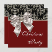 ブラック金ゴールドレッドダマスククリスマスパーティー 招待状 (正面/裏面)