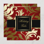 ブラック金ゴールドレッドダマスクホリデーパーティー招待状 招待状 (正面/裏面)