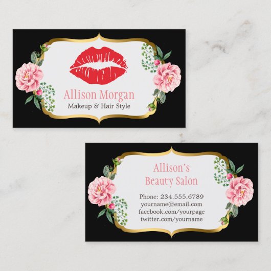 ブラック金ゴールドレッドリップフラワーメイクアップアーティスト美しい 名刺 (正面/裏面)