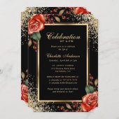 ブラック金ゴールドレッドローズフォトお祝いオブ・ライフ 招待状 (正面/裏面)