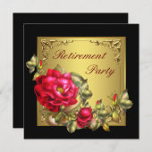 ブラック金ゴールドレッドローズ女性退職パーティー 招待状 (正面/裏面)