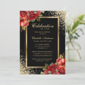 ブラック金ゴールドレッドローゼフォトお祝いオブ・ライフ 招待状 (スタンド正面)