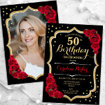 ブラック金ゴールドレッドローゼフォト50誕生日 招待状<br><div class="desc">フローラ50歳のエレガント誕生日の招待状とカードの後ろの写真。グラムブラックとレッドデザインフェイクグリッター金ゴールド。赤いバラ、スクリプトフォント、紙吹雪を備えている。大人スタイリッシュのお祝いパーティーに最適。独自の詳細でパーソナライズどんなカスタマイズ年でもいい！印刷されたZazzle招待状または即時ダウンロードのデジタル印刷可能なテンプレート。</div>