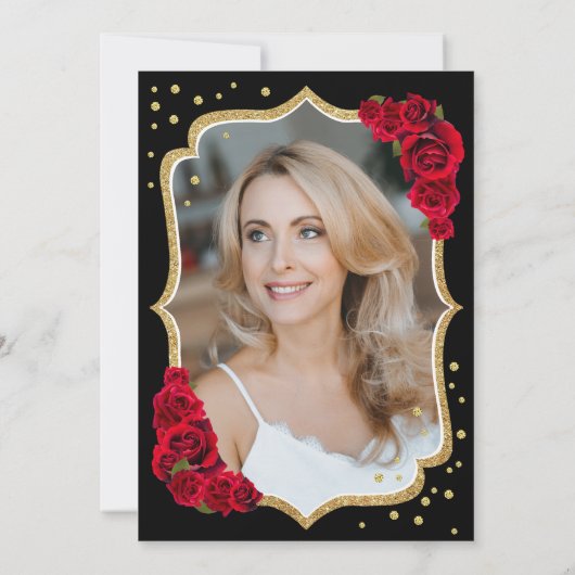 ブラック金ゴールドレッドローゼフォト50誕生日 招待状 (裏面)