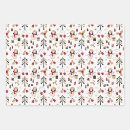 ブラック金ゴールドレッド雪だるまクリスマスツリーズホリデー ラッピングペーパーシート