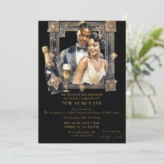 ブラック金ゴールドレトロ1920ラグジュアリーニューイヤーパーティー 招待状 (スタンド正面)