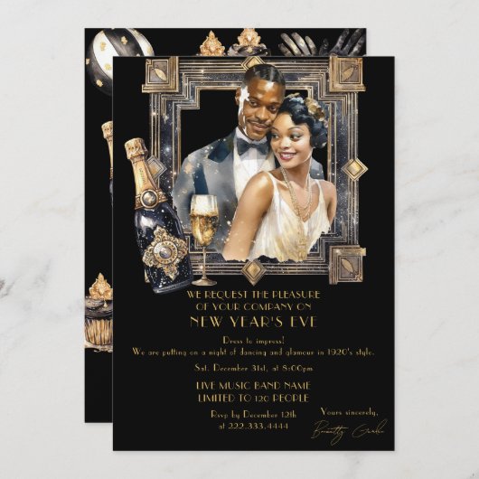 ブラック金ゴールドレトロ1920ラグジュアリーニューイヤーパーティー 招待状 (正面/裏面)