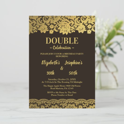 ブラック金ゴールドレースアダルトダブルジョイント誕生日パーティー 招待状 (スタンド正面)