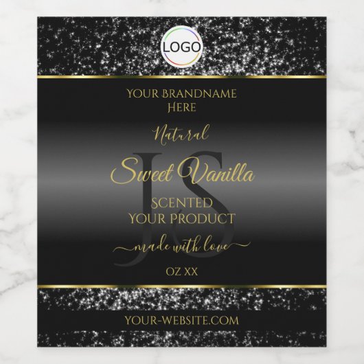 ブラック金ゴールドロゴイニシャルグリッター製品ラベル ワインラベル (シングルラベル)