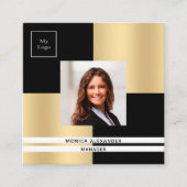 ブラック金ゴールドロゴ写真QRコード スクエア名刺 (正面)