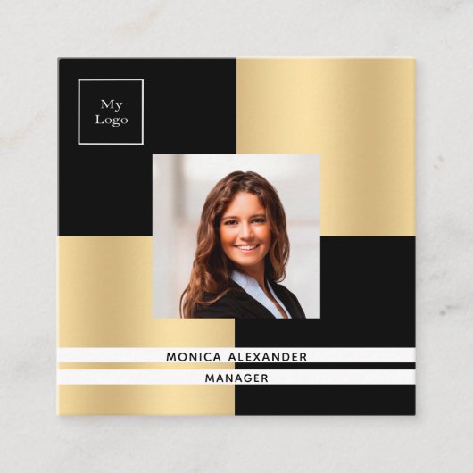 ブラック金ゴールドロゴ写真QRコード スクエア名刺 (正面)