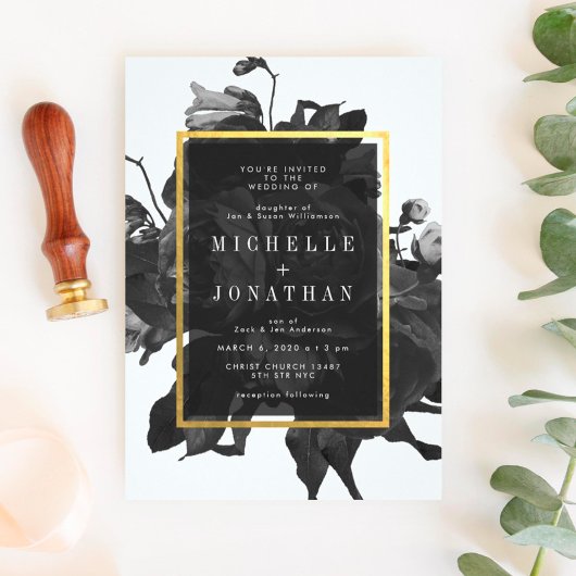 ブラック金ゴールドローズブーケ結婚式招待状 招待状